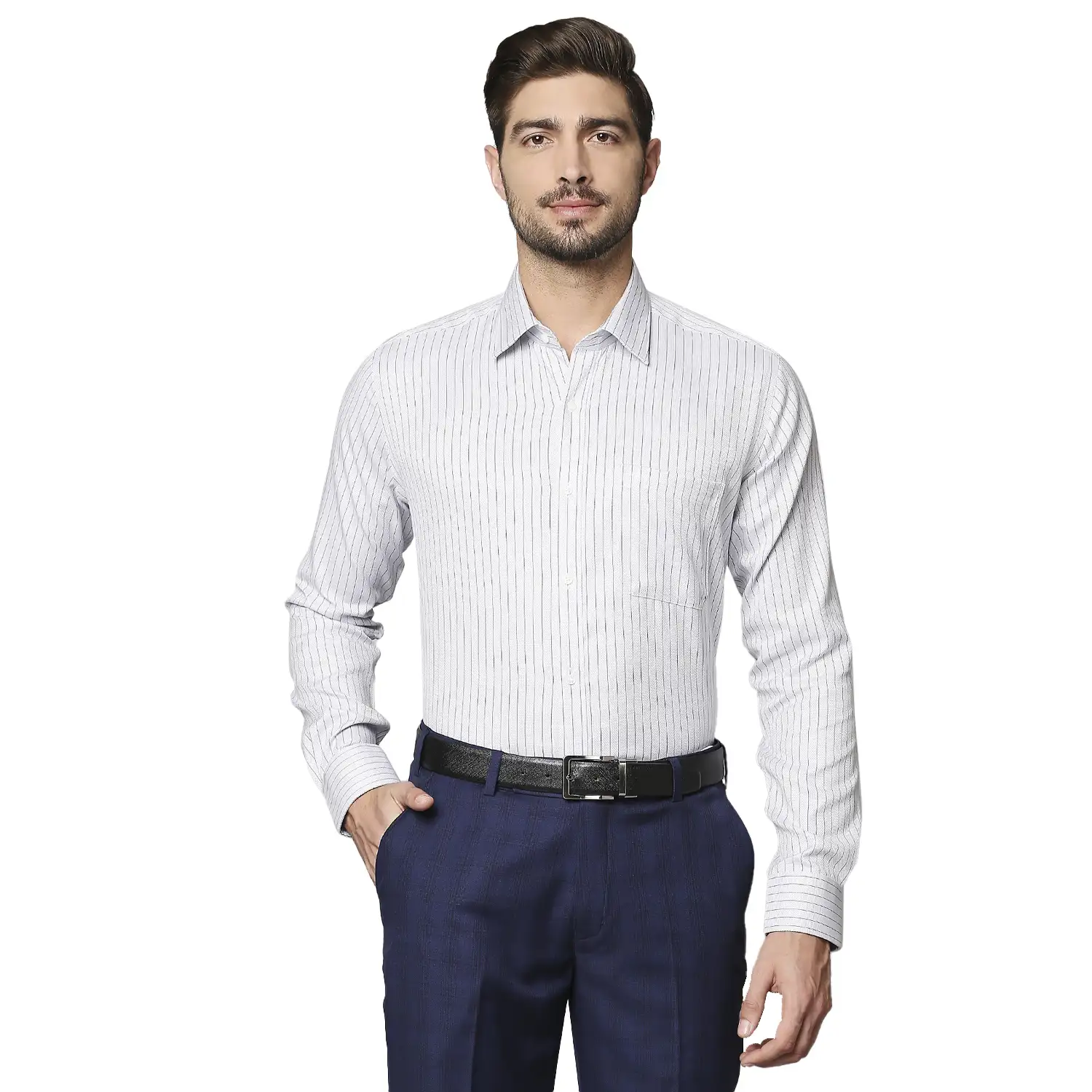 Men Grey Contemporary Fit Stripe Cotton Full Sleeve Shirts
