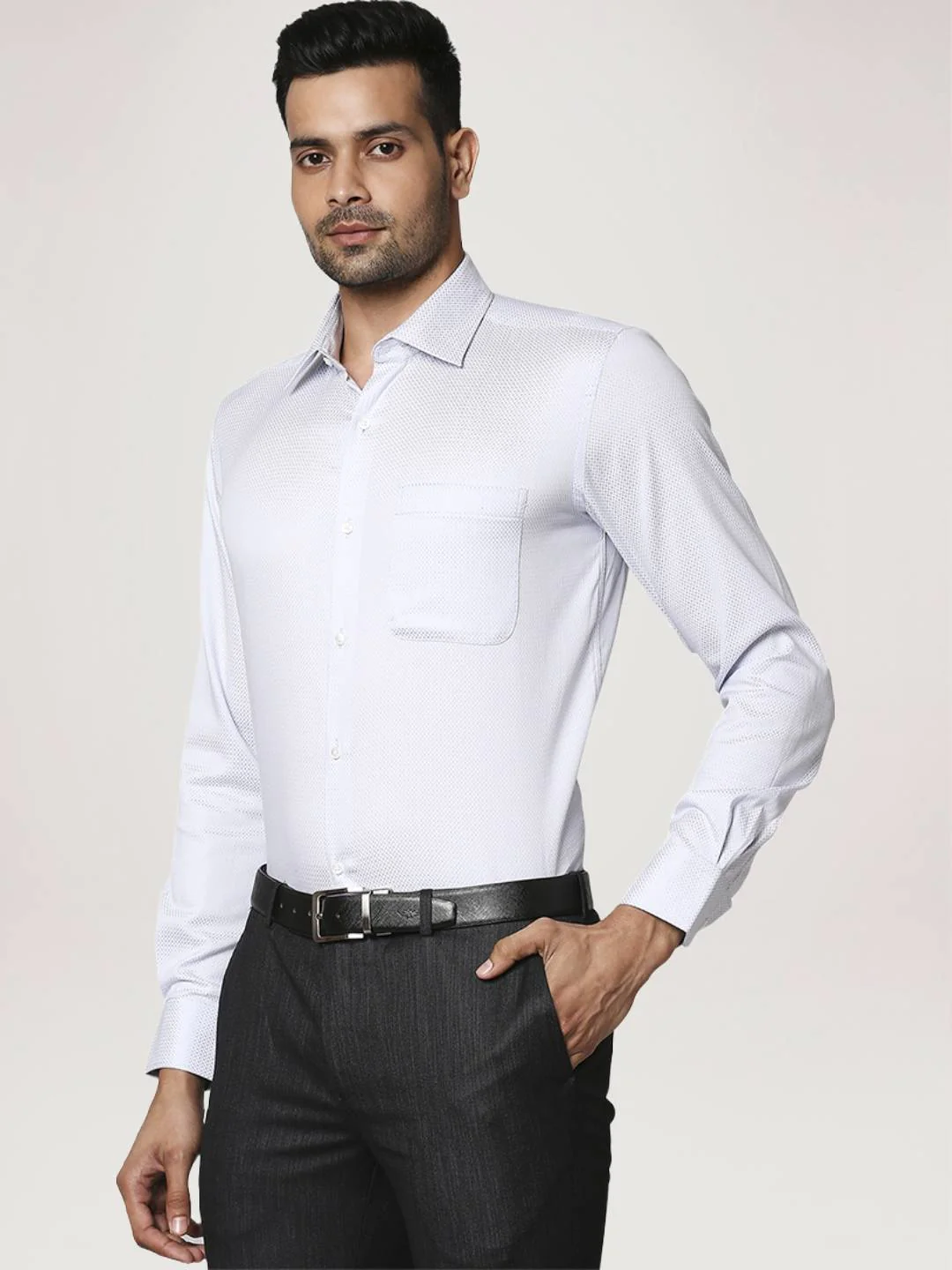 Men Grey Contemporary Fit Structure Cotton Cut Collar Shirts - Image 4
