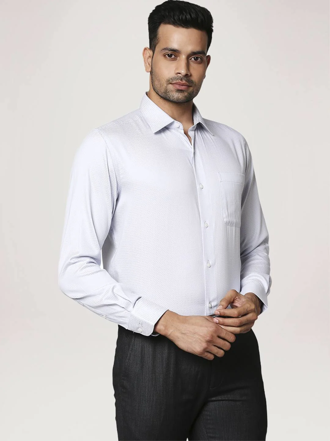 Men Grey Contemporary Fit Structure Cotton Cut Collar Shirts - Image 5