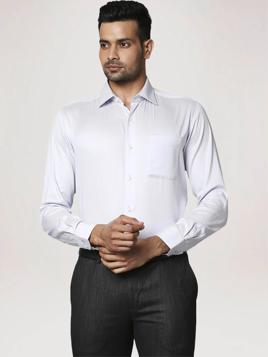 Men Grey Contemporary Fit Structure Cotton Cut Collar Shirts - Image 6