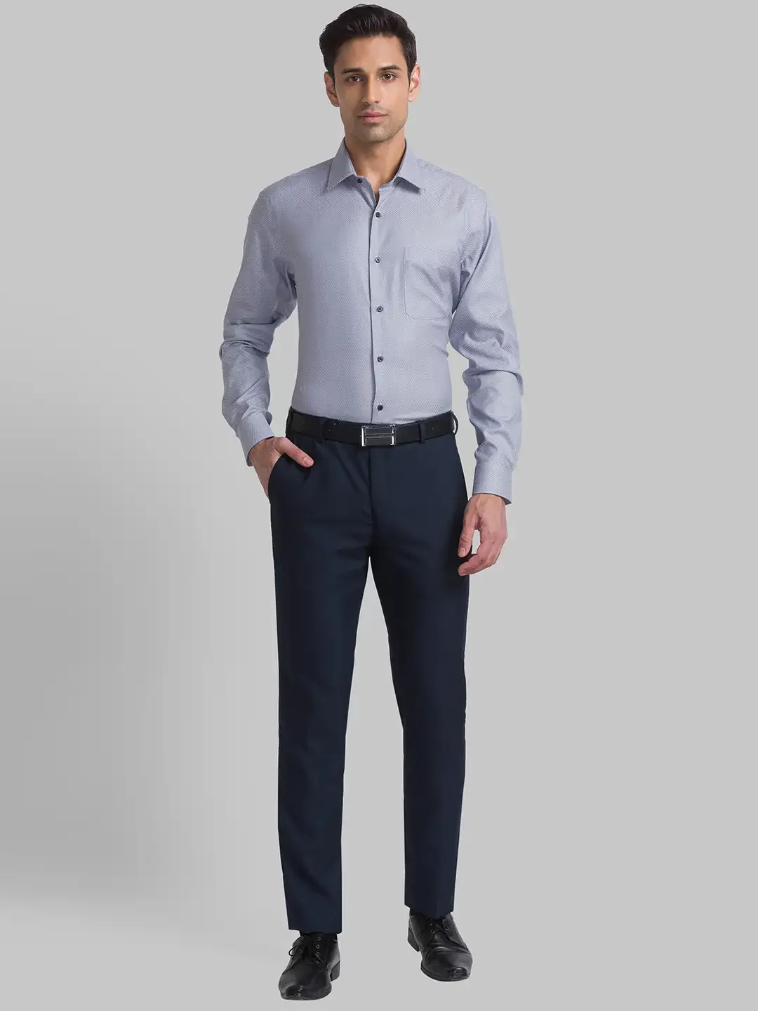 Men Grey Contemporary Fit Structure Cotton Cut Collar Shirts - Image 4