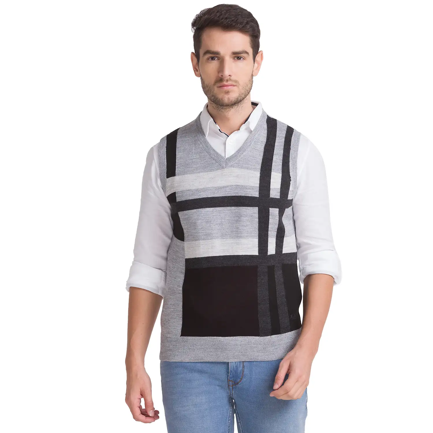 Men Grey Intarsia Acrylic Blend Sleeveless Sweaters