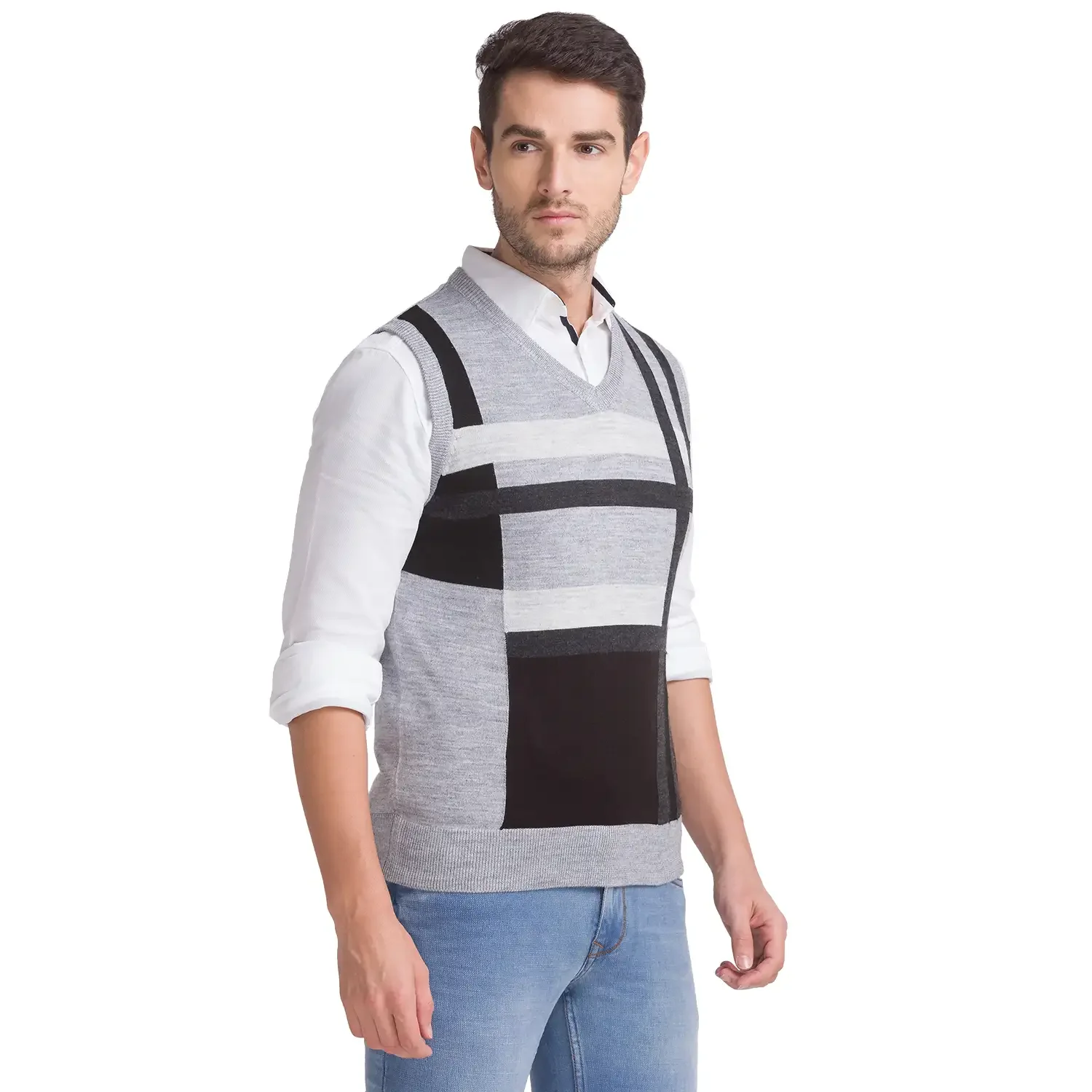 Men Grey Intarsia Acrylic Blend Sleeveless Sweaters - Image 2