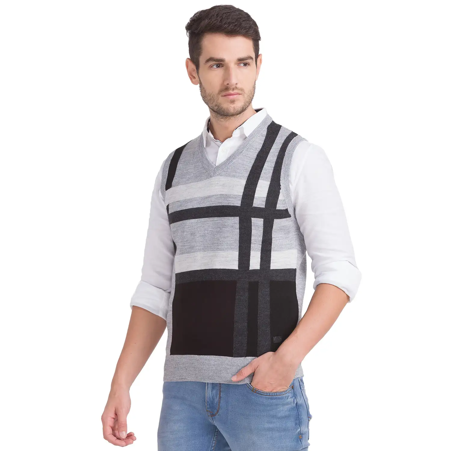 Men Grey Intarsia Acrylic Blend Sleeveless Sweaters - Image 3
