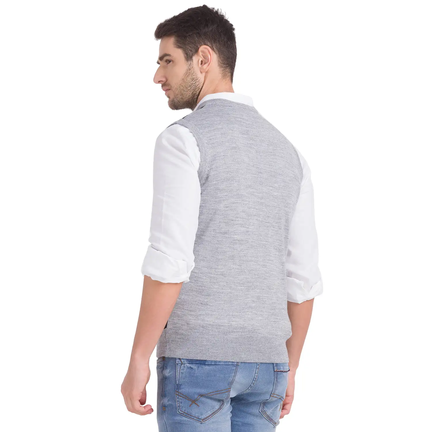 Men Grey Intarsia Acrylic Blend Sleeveless Sweaters - Image 4