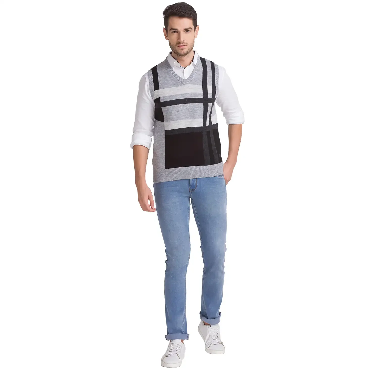 Men Grey Intarsia Acrylic Blend Sleeveless Sweaters - Image 5