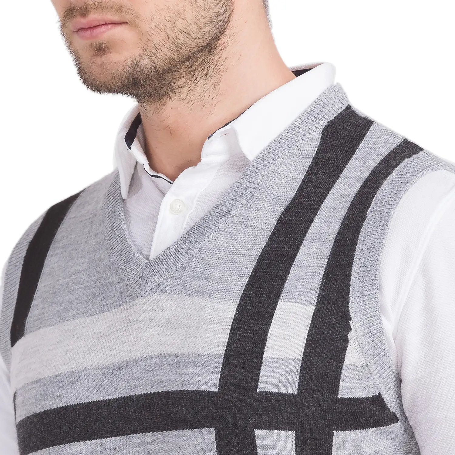 Men Grey Intarsia Acrylic Blend Sleeveless Sweaters - Image 6