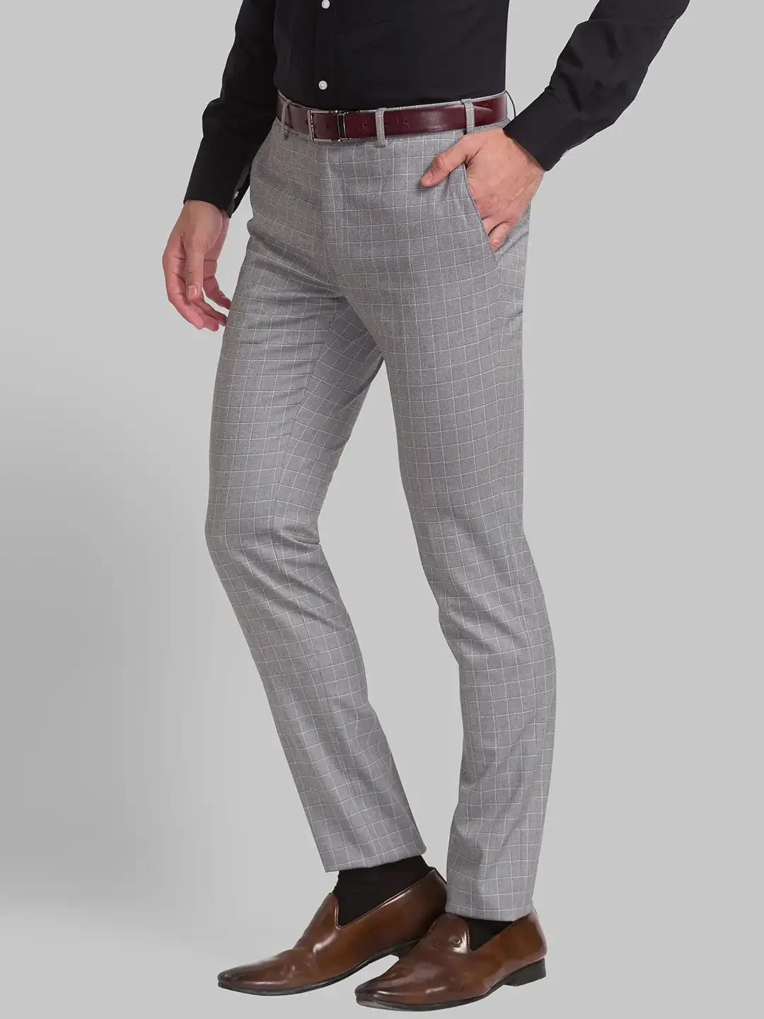 Men Grey Italian Fit Checks Polyester Blend Trouser - Image 4