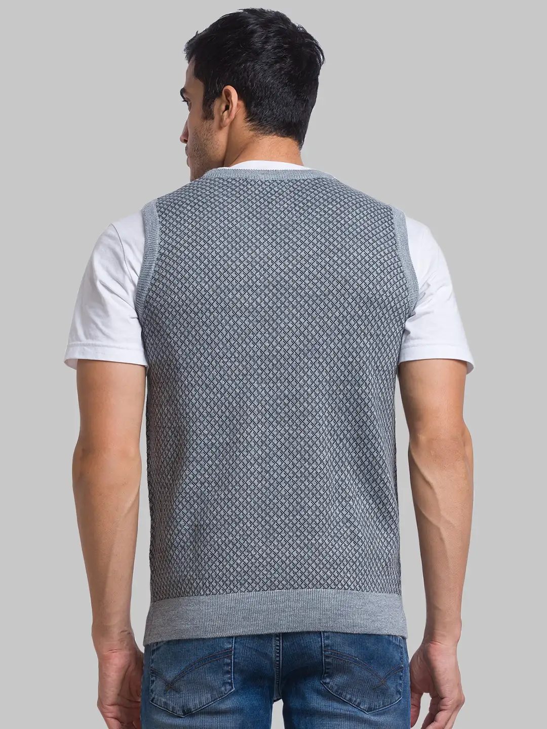 Men Grey Jacquard Acrylic Blend Sleeveless Sweaters - Image 4