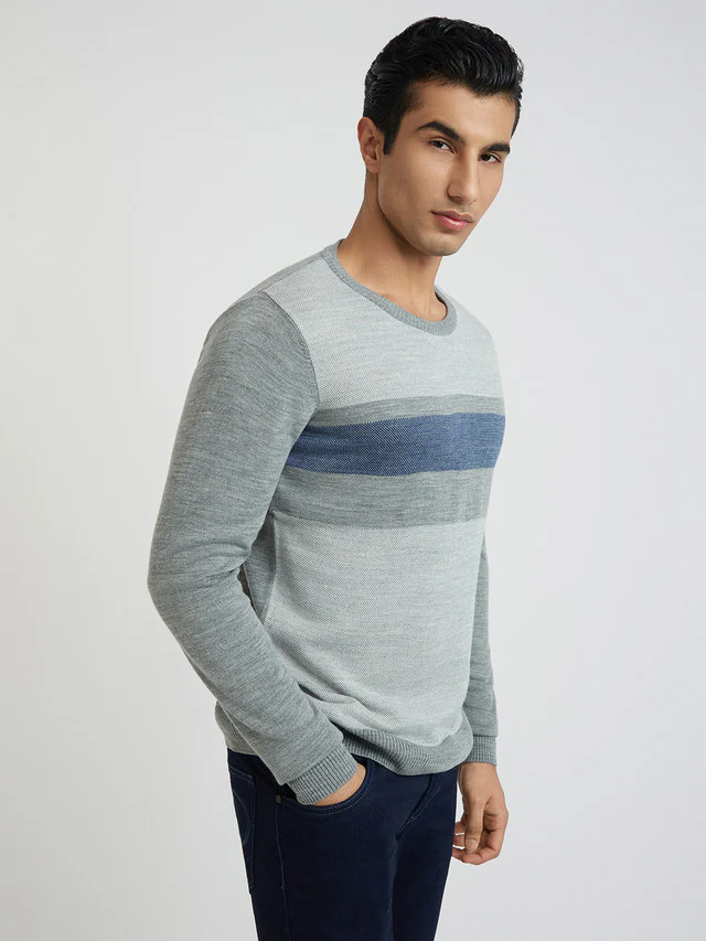 Men Grey Jacquard Acrylic Wool Blend Round Collar Sweaters - Image 2