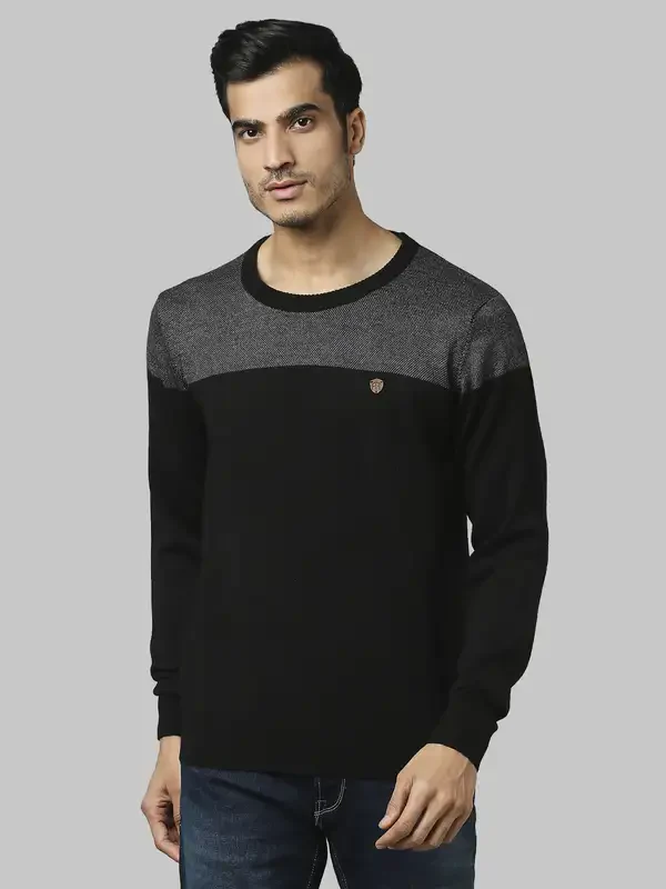 Men Grey Jacquard Acrylic Wool Blend Round Collar Sweaters