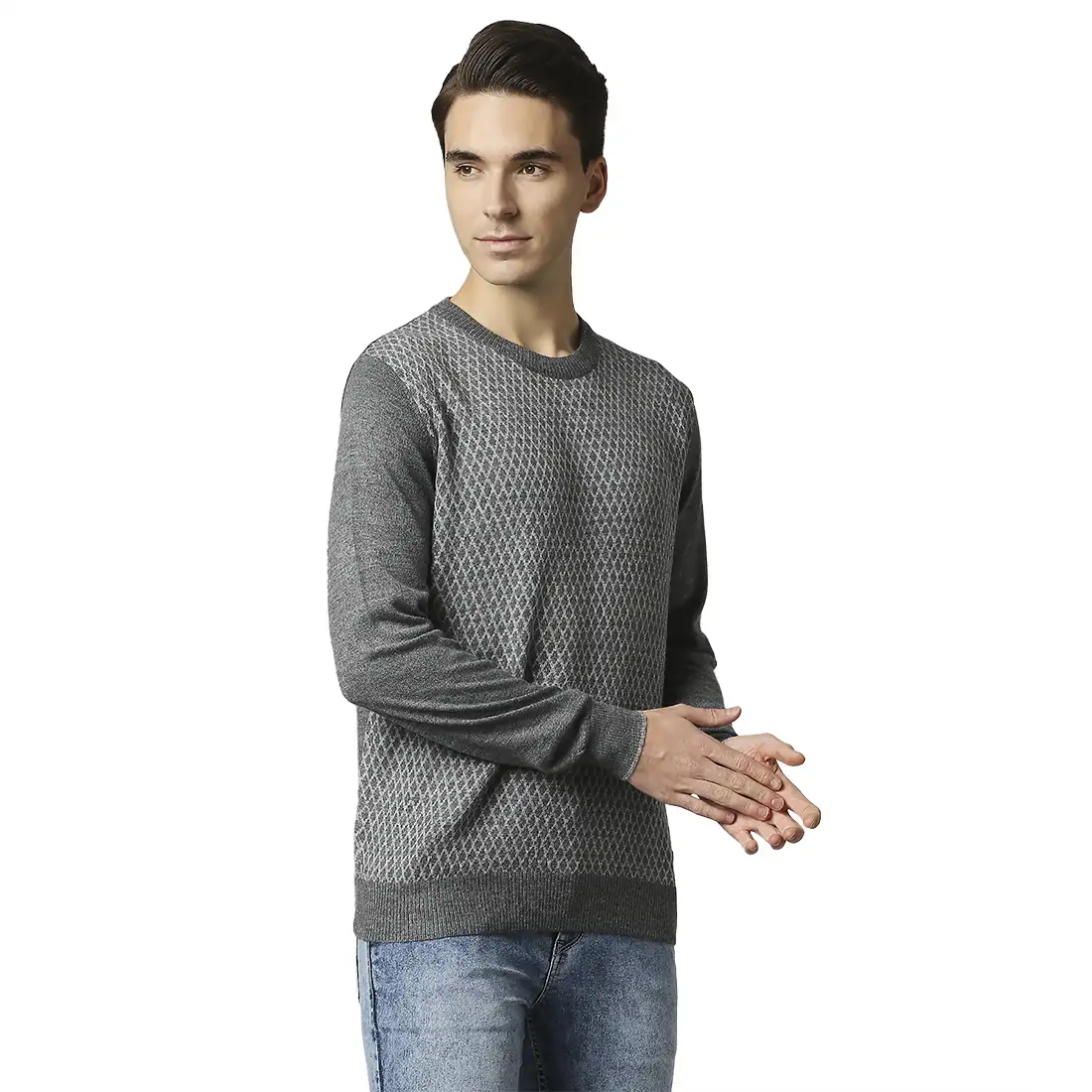 Men Grey Jacquard Acrylic Wool Blend Round Collar Sweaters - Image 2
