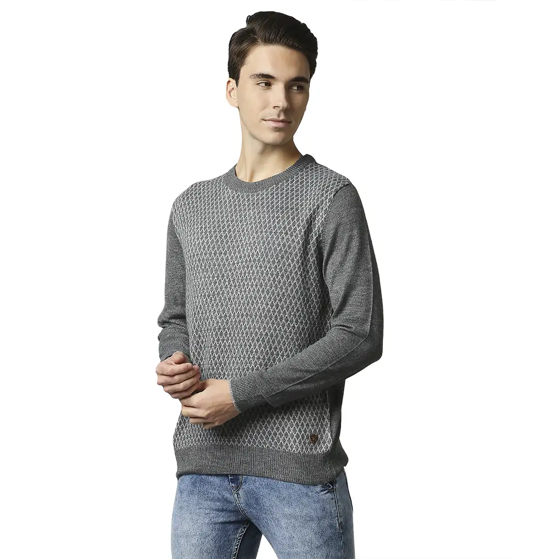 Men Grey Jacquard Acrylic Wool Blend Round Collar Sweaters - Image 3