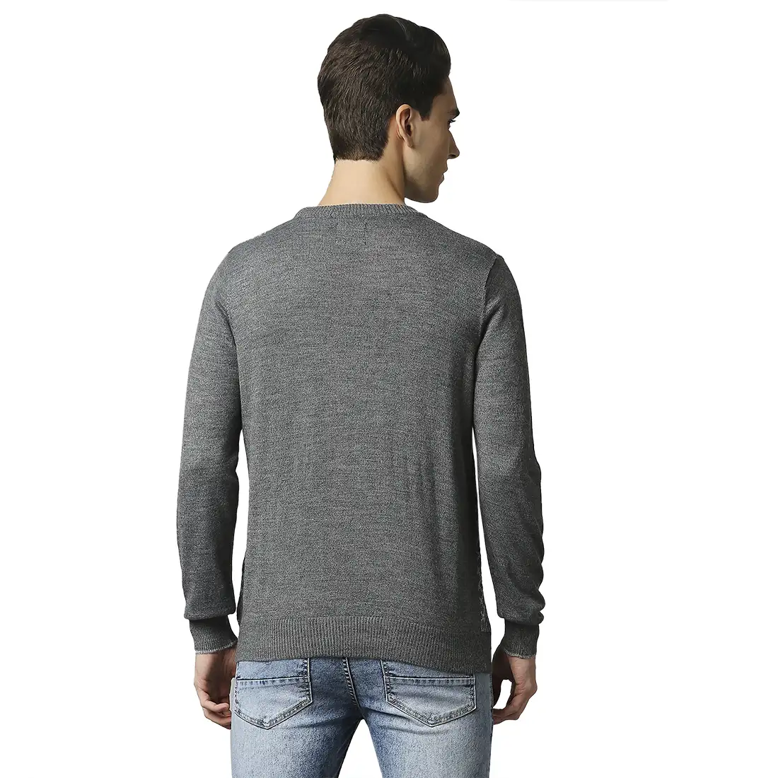 Men Grey Jacquard Acrylic Wool Blend Round Collar Sweaters - Image 4