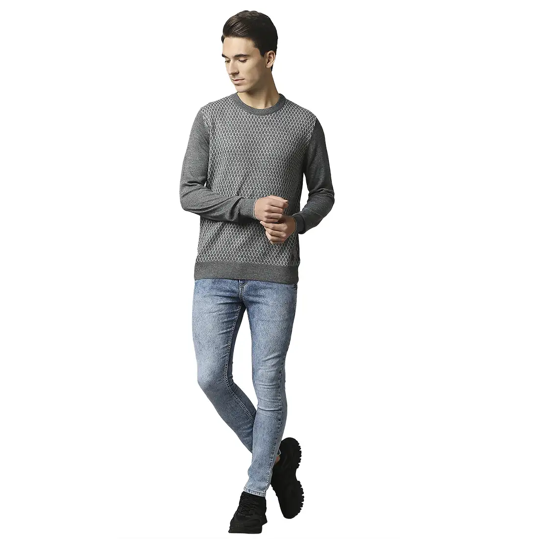 Men Grey Jacquard Acrylic Wool Blend Round Collar Sweaters - Image 5