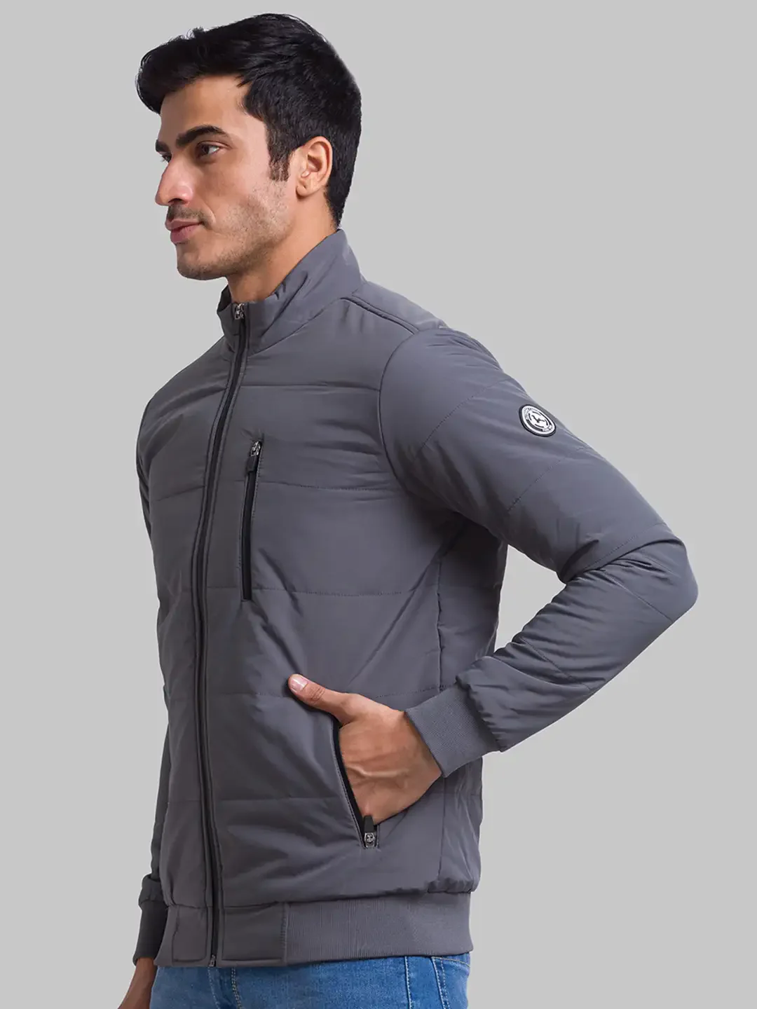 Men Grey Jacquard Polyester Full Sleeve Jackets - Image 3