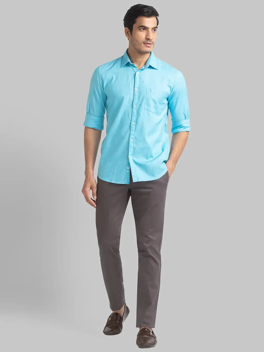 Men Grey Lrt Fit Dobby Cotton Blend Trouser - Image 5