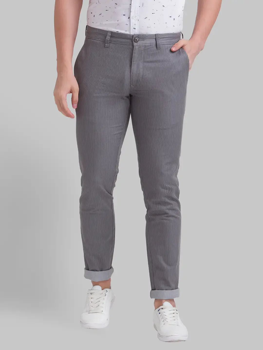 Men Grey Lrt Fit Stripe Cotton Blend Trouser