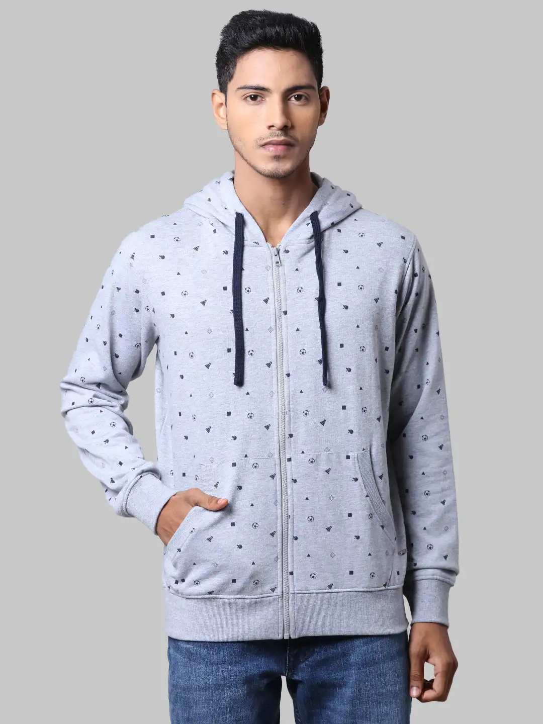 Men Grey Regular Fit Print Cotton Polyester Blend Sweatshirts