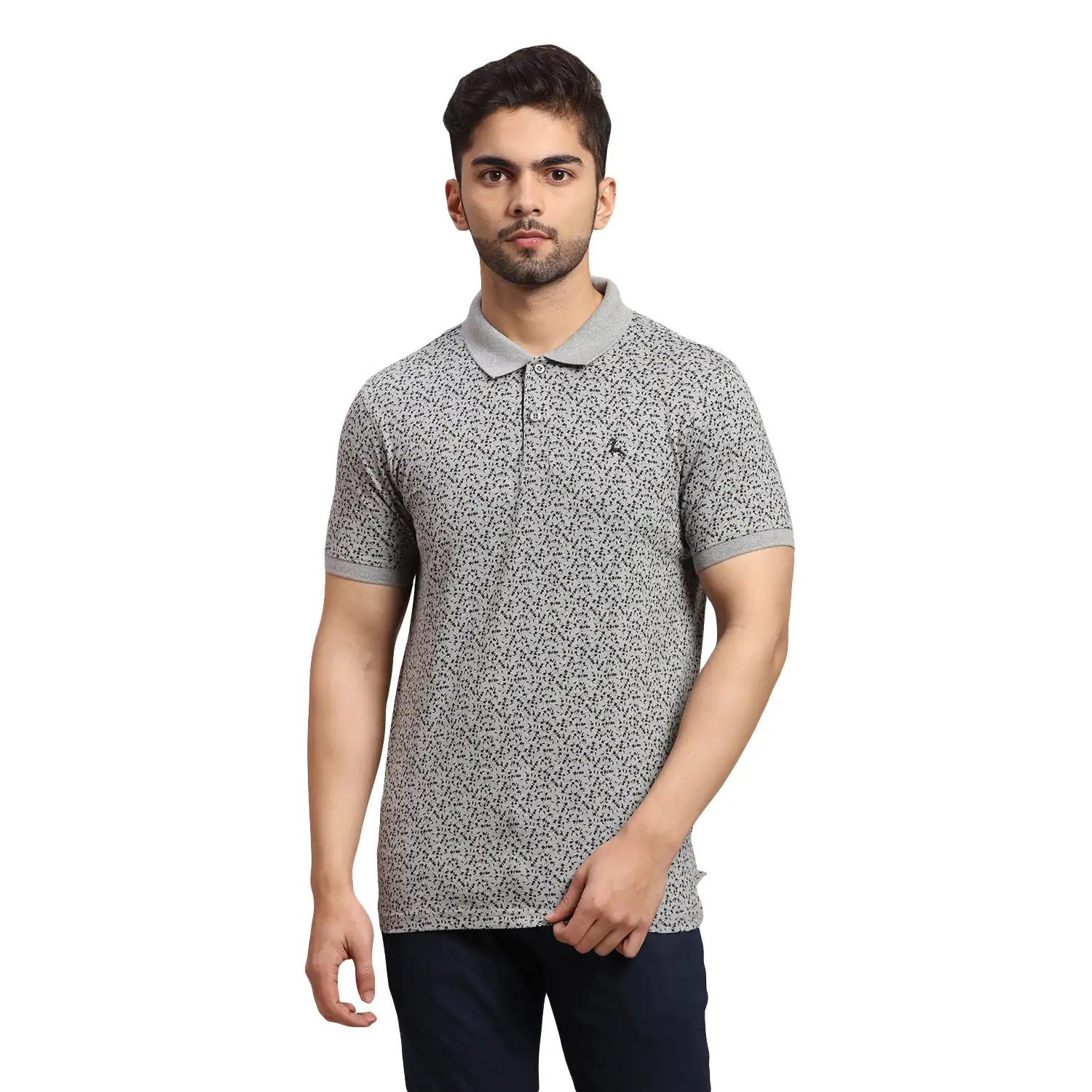 Men Grey Regular Fit Print Cotton Round Neck Collar Polo T-Shirt