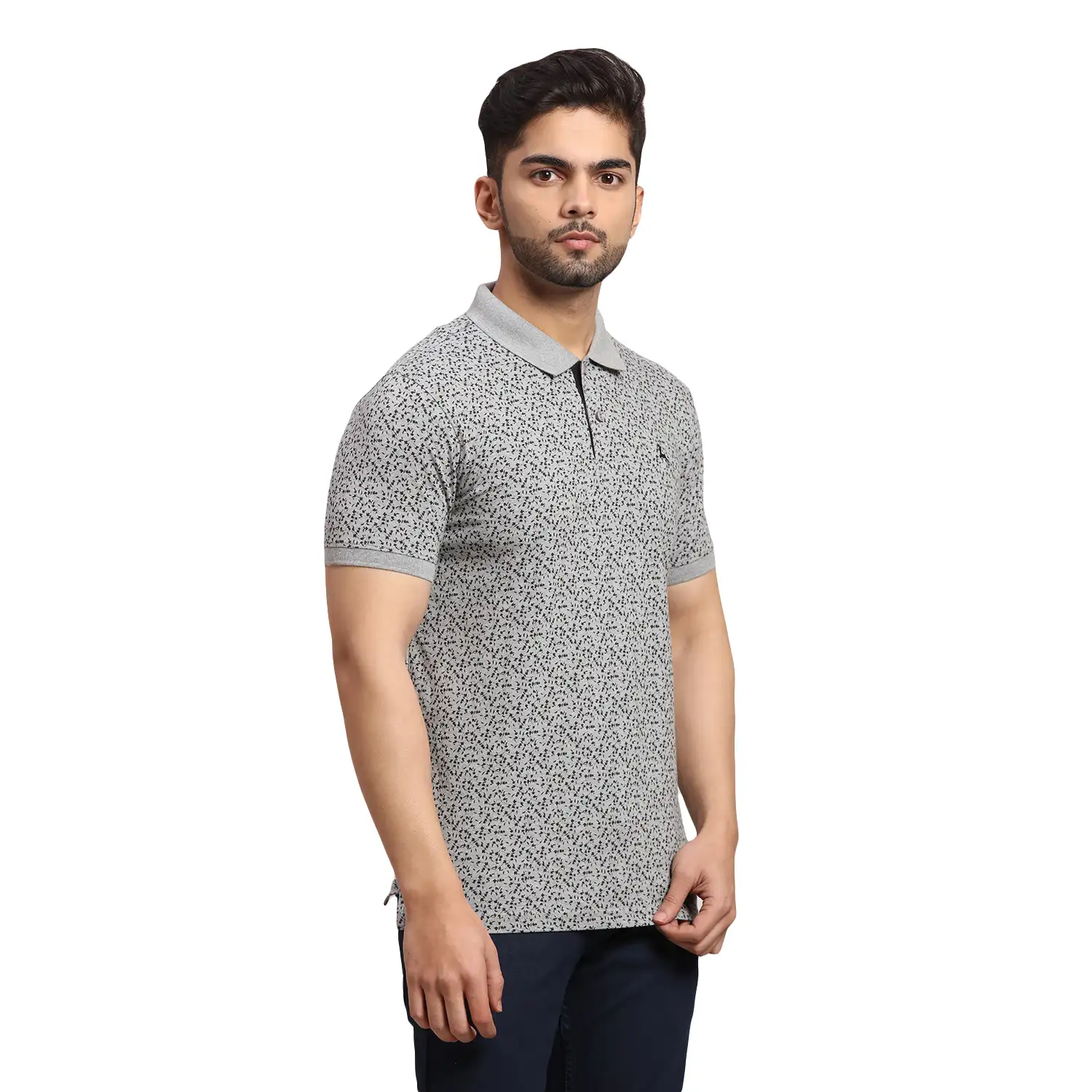 Men Grey Regular Fit Print Cotton Round Neck Collar Polo T-Shirt - Image 2