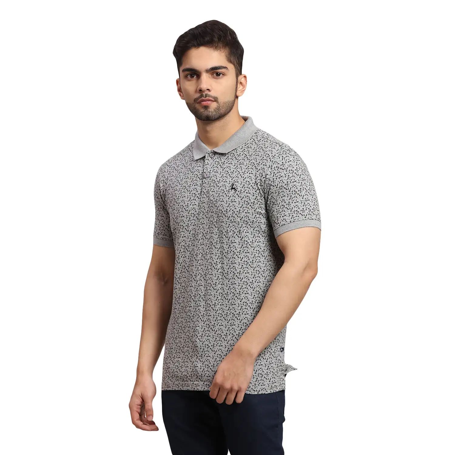 Men Grey Regular Fit Print Cotton Round Neck Collar Polo T-Shirt - Image 3