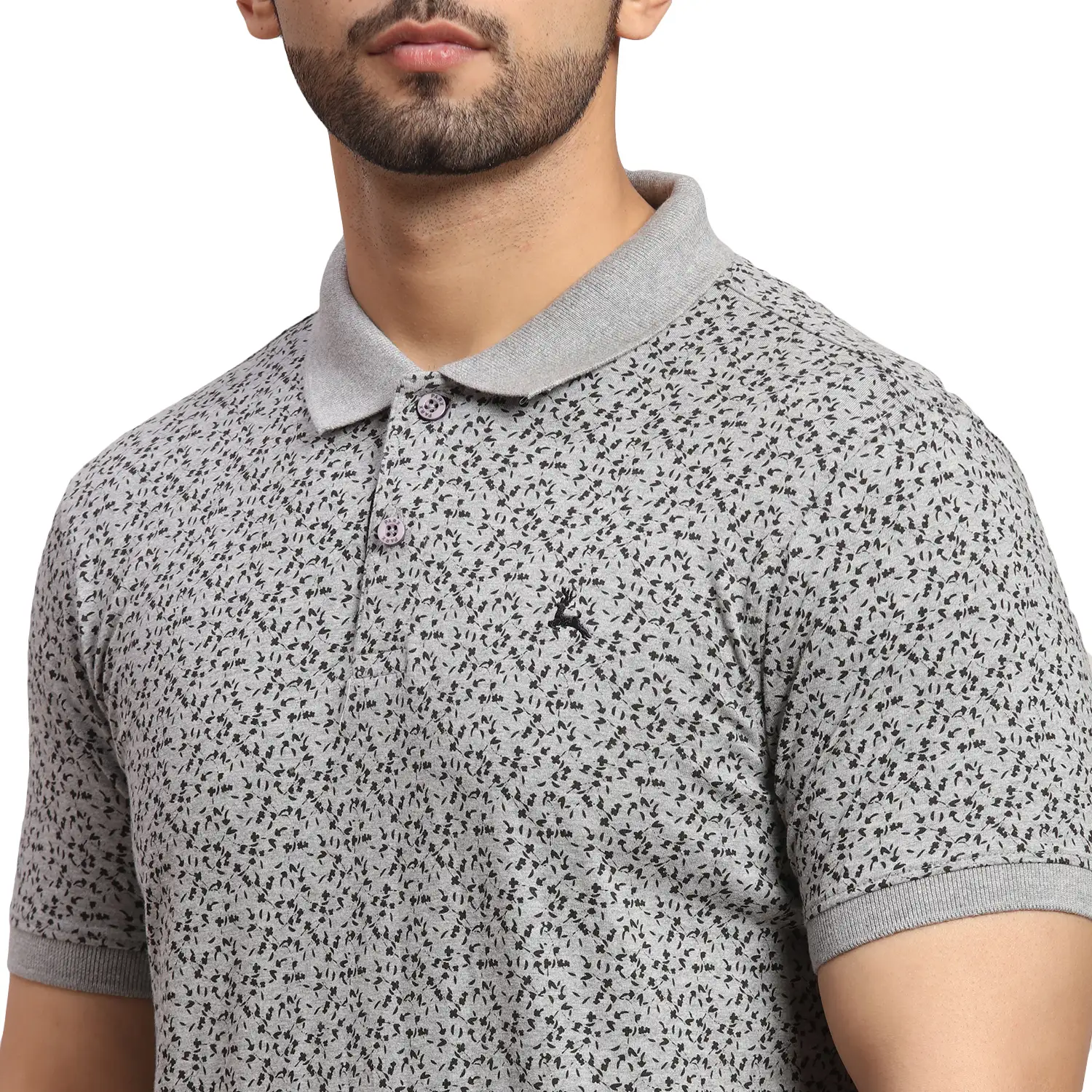 Men Grey Regular Fit Print Cotton Round Neck Collar Polo T-Shirt - Image 6