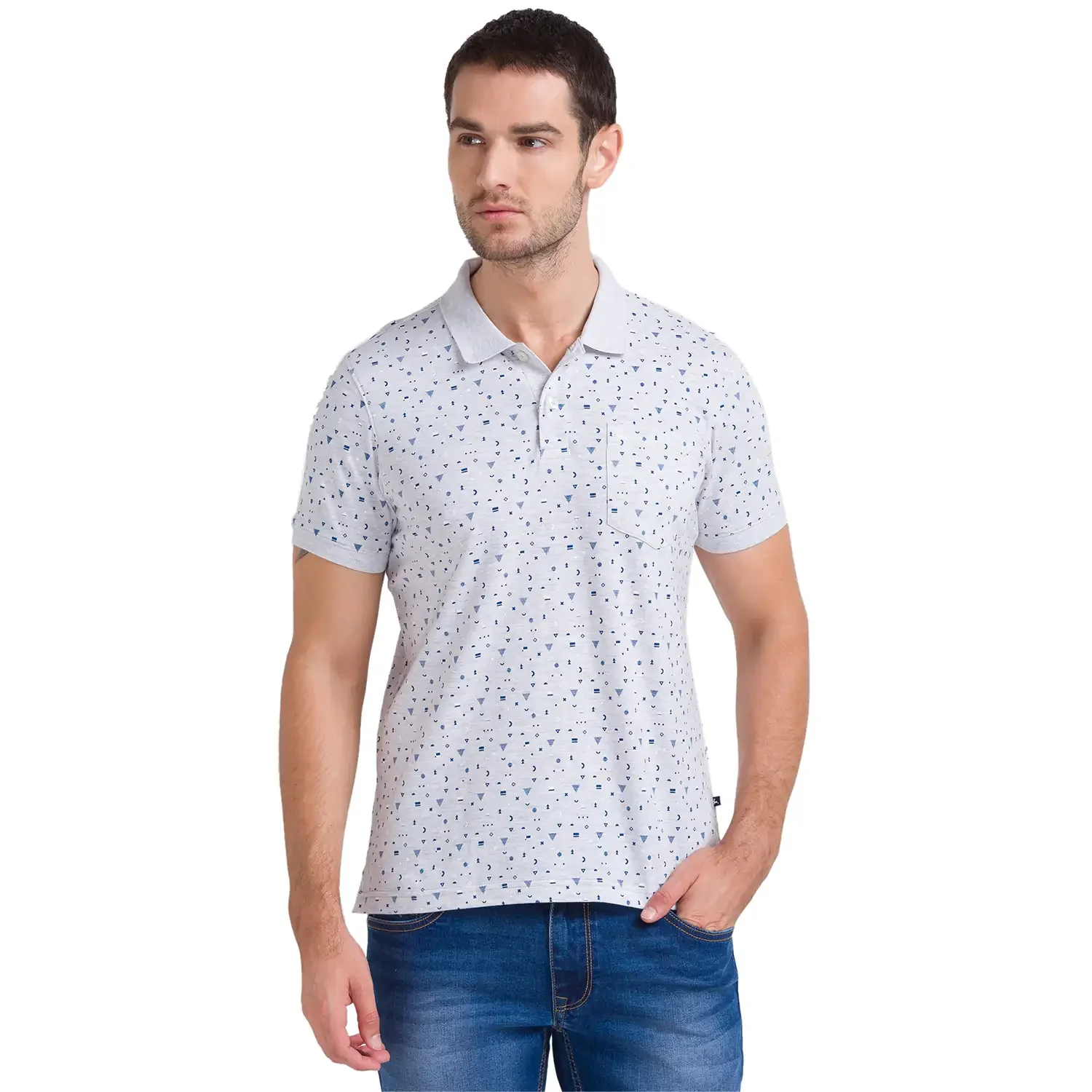 Men Grey Regular Fit Print Cotton Round Neck Collar Polo T-Shirt