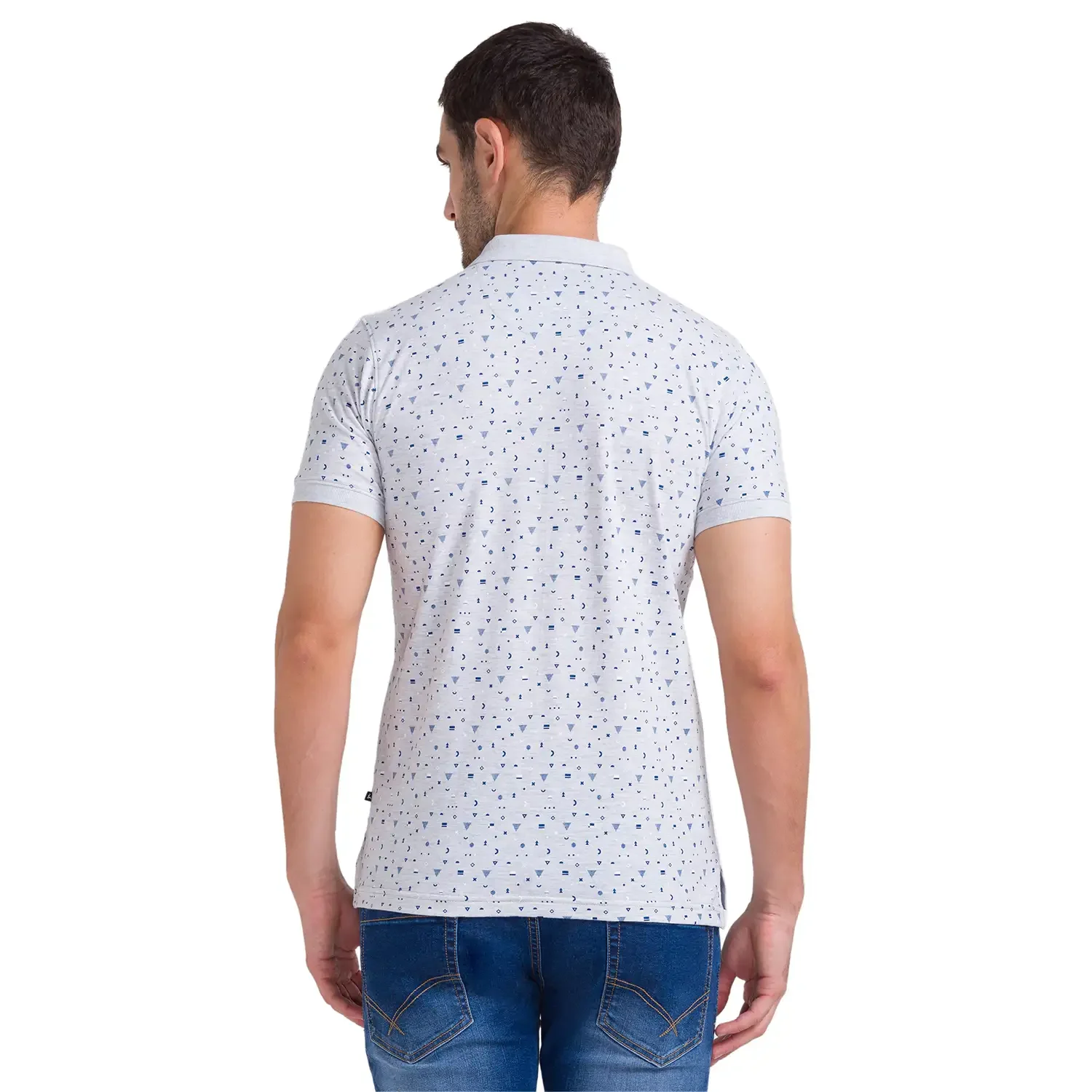 Men Grey Regular Fit Print Cotton Round Neck Collar Polo T-Shirt - Image 4