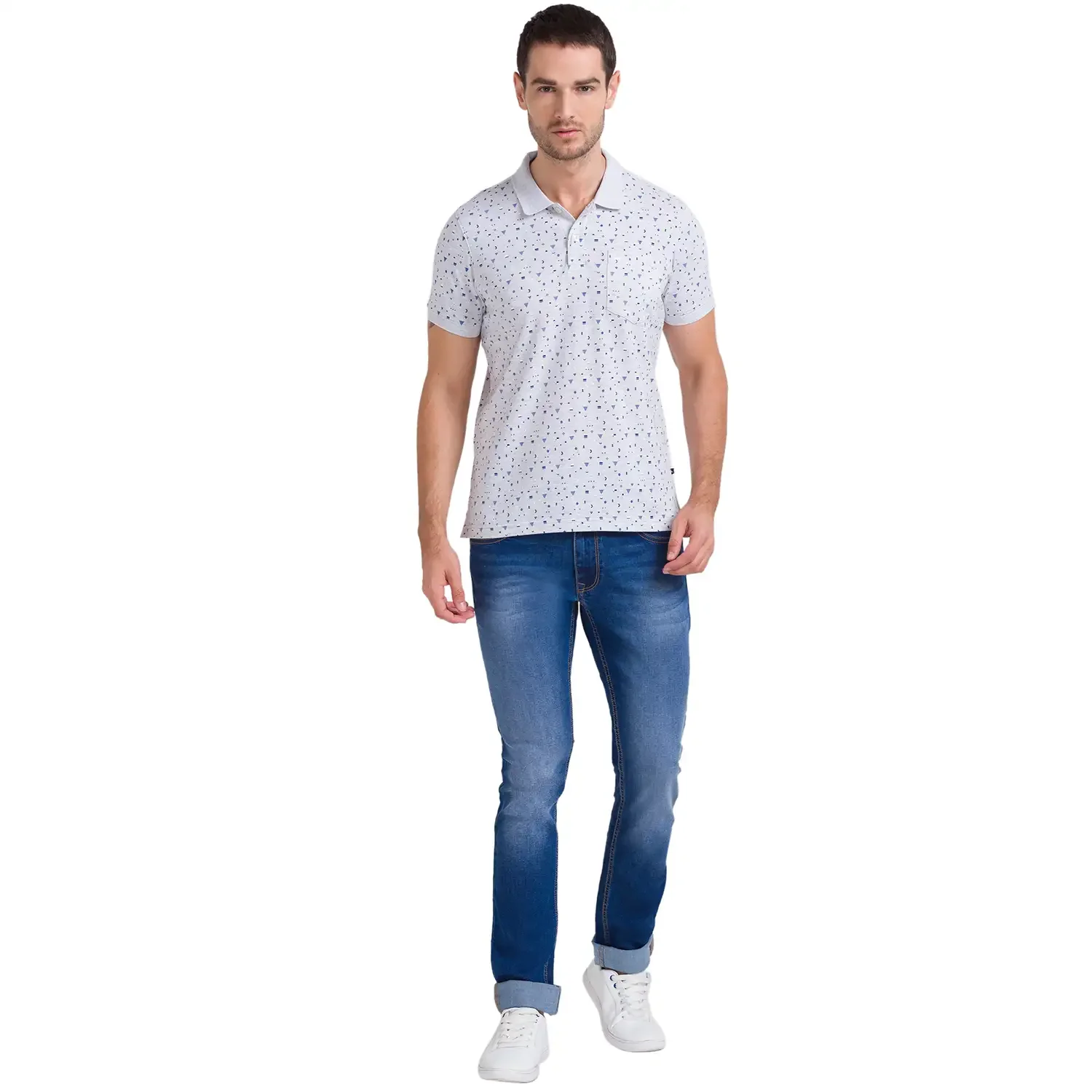 Men Grey Regular Fit Print Cotton Round Neck Collar Polo T-Shirt - Image 5