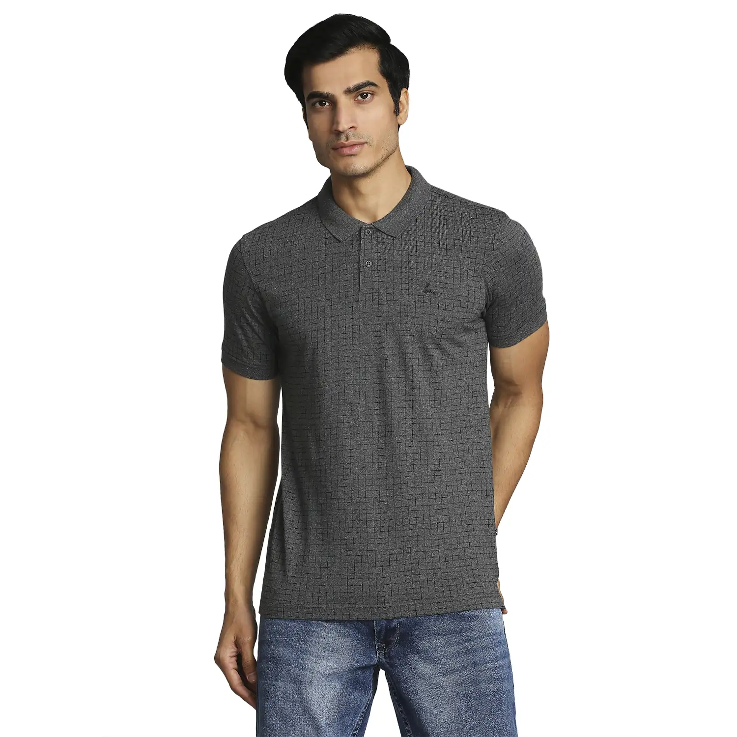 Men Grey Regular Fit Print Cotton Round Neck Collar Polo T-Shirt