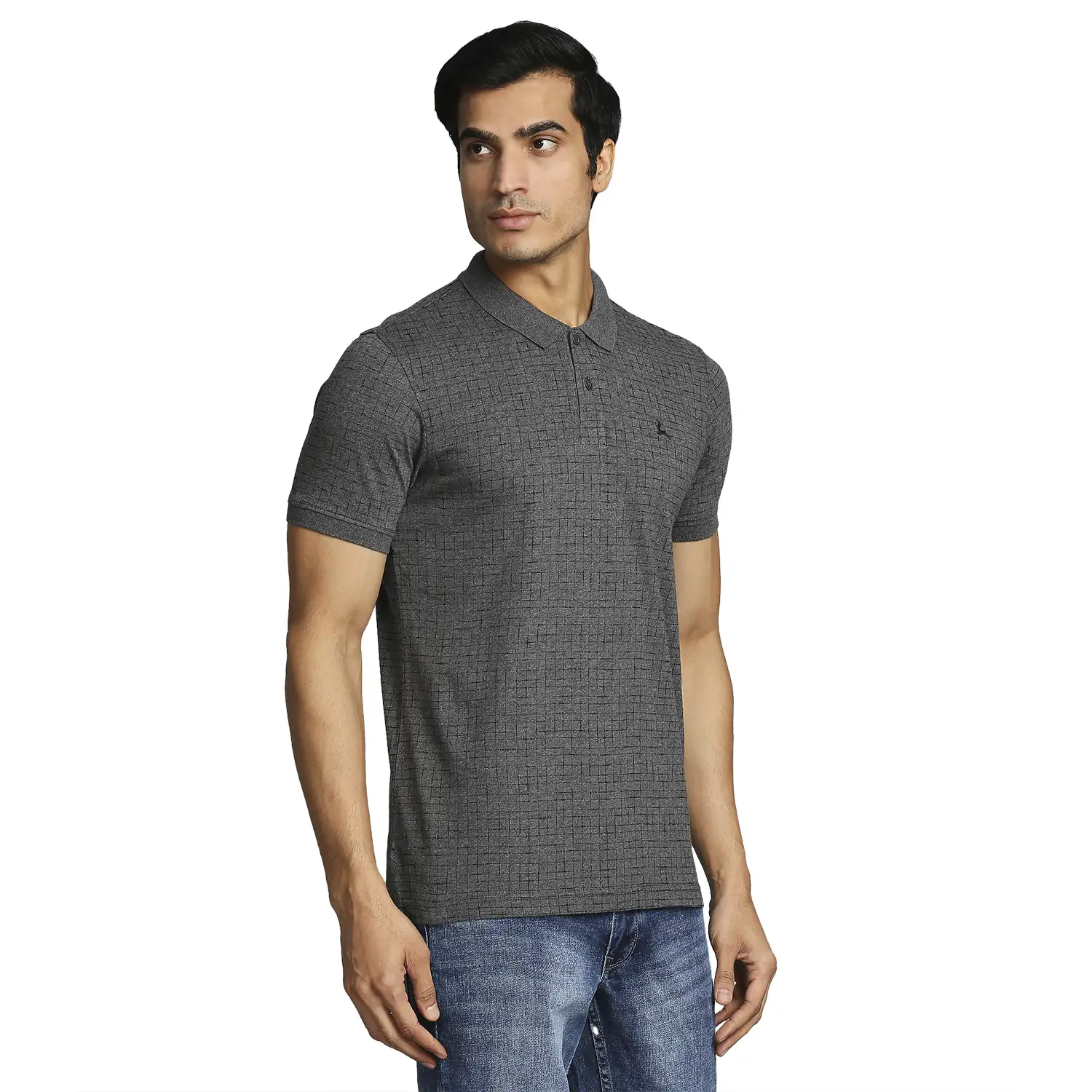 Men Grey Regular Fit Print Cotton Round Neck Collar Polo T-Shirt - Image 2