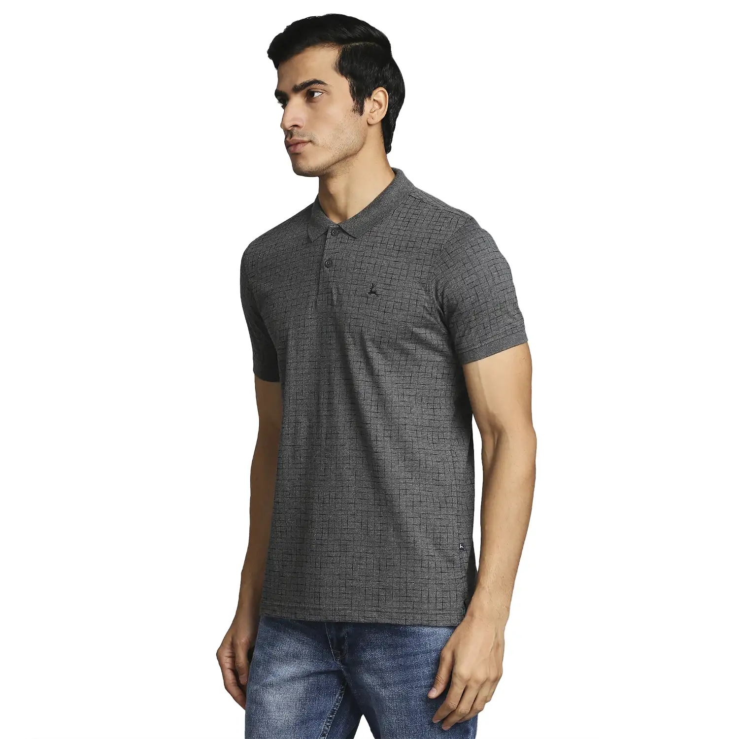 Men Grey Regular Fit Print Cotton Round Neck Collar Polo T-Shirt - Image 3