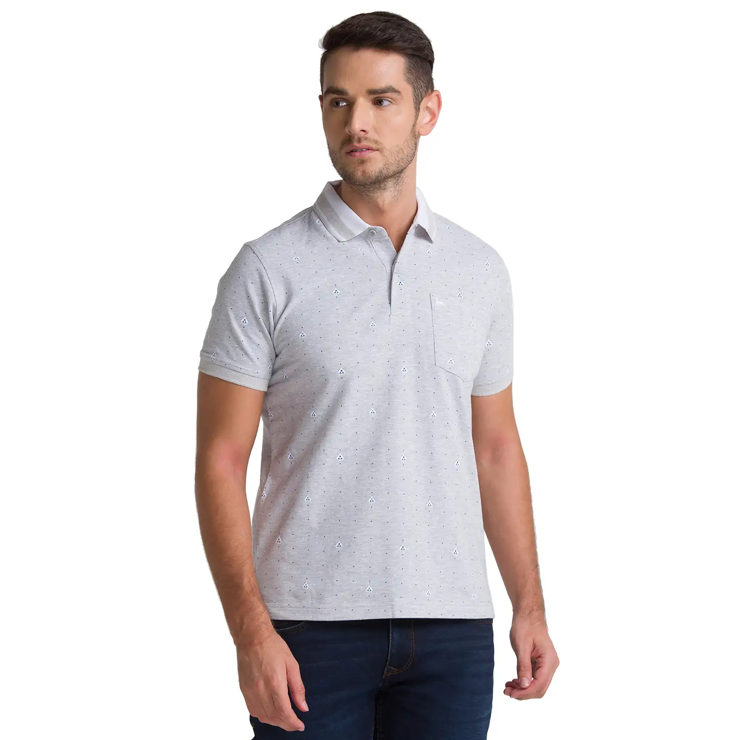 Men Grey Regular Fit Print Cotton Round Neck Collar Polo T-Shirt