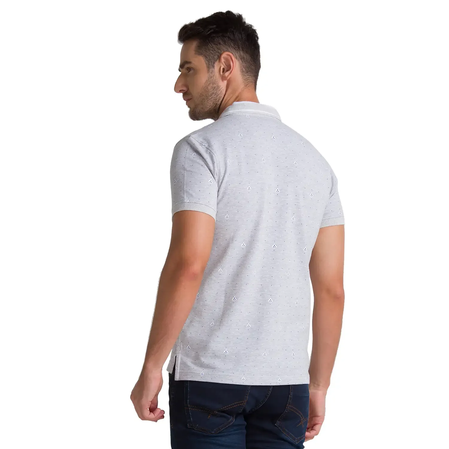 Men Grey Regular Fit Print Cotton Round Neck Collar Polo T-Shirt - Image 2