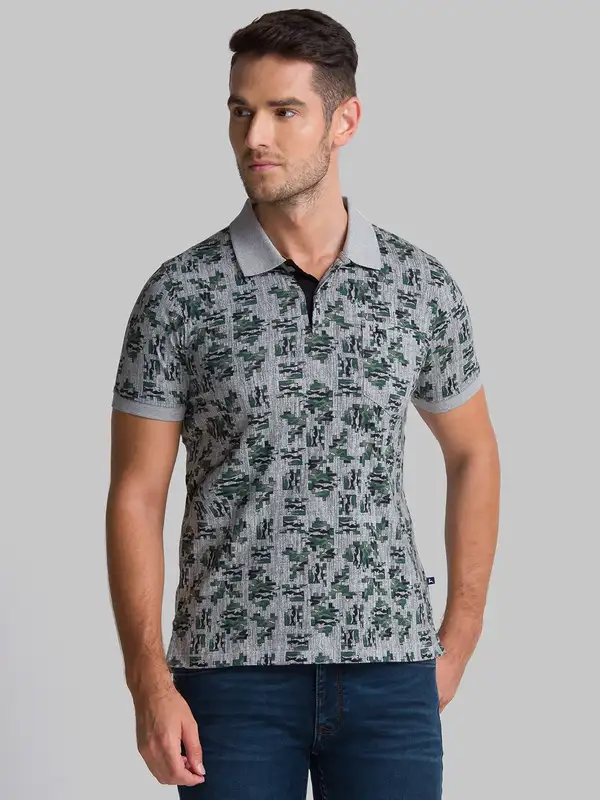 Men Grey Regular Fit Print Cotton Round Neck Collar Polo T-Shirt