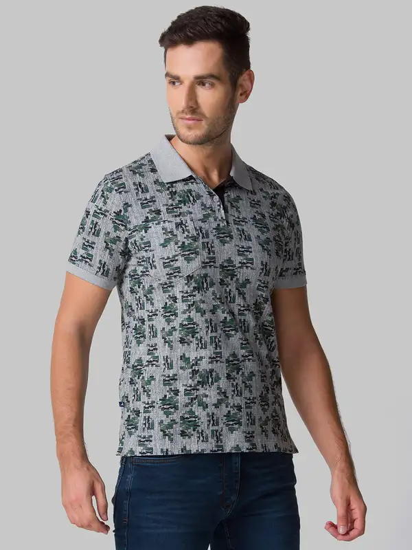 Men Grey Regular Fit Print Cotton Round Neck Collar Polo T-Shirt - Image 2
