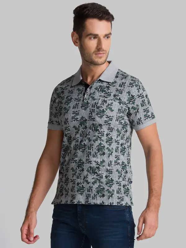 Men Grey Regular Fit Print Cotton Round Neck Collar Polo T-Shirt - Image 3