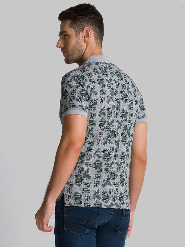 Men Grey Regular Fit Print Cotton Round Neck Collar Polo T-Shirt - Image 4