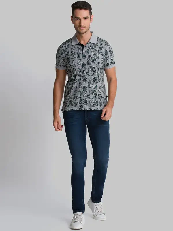Men Grey Regular Fit Print Cotton Round Neck Collar Polo T-Shirt - Image 5