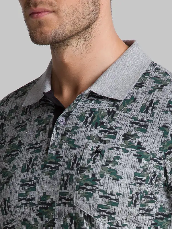 Men Grey Regular Fit Print Cotton Round Neck Collar Polo T-Shirt - Image 6
