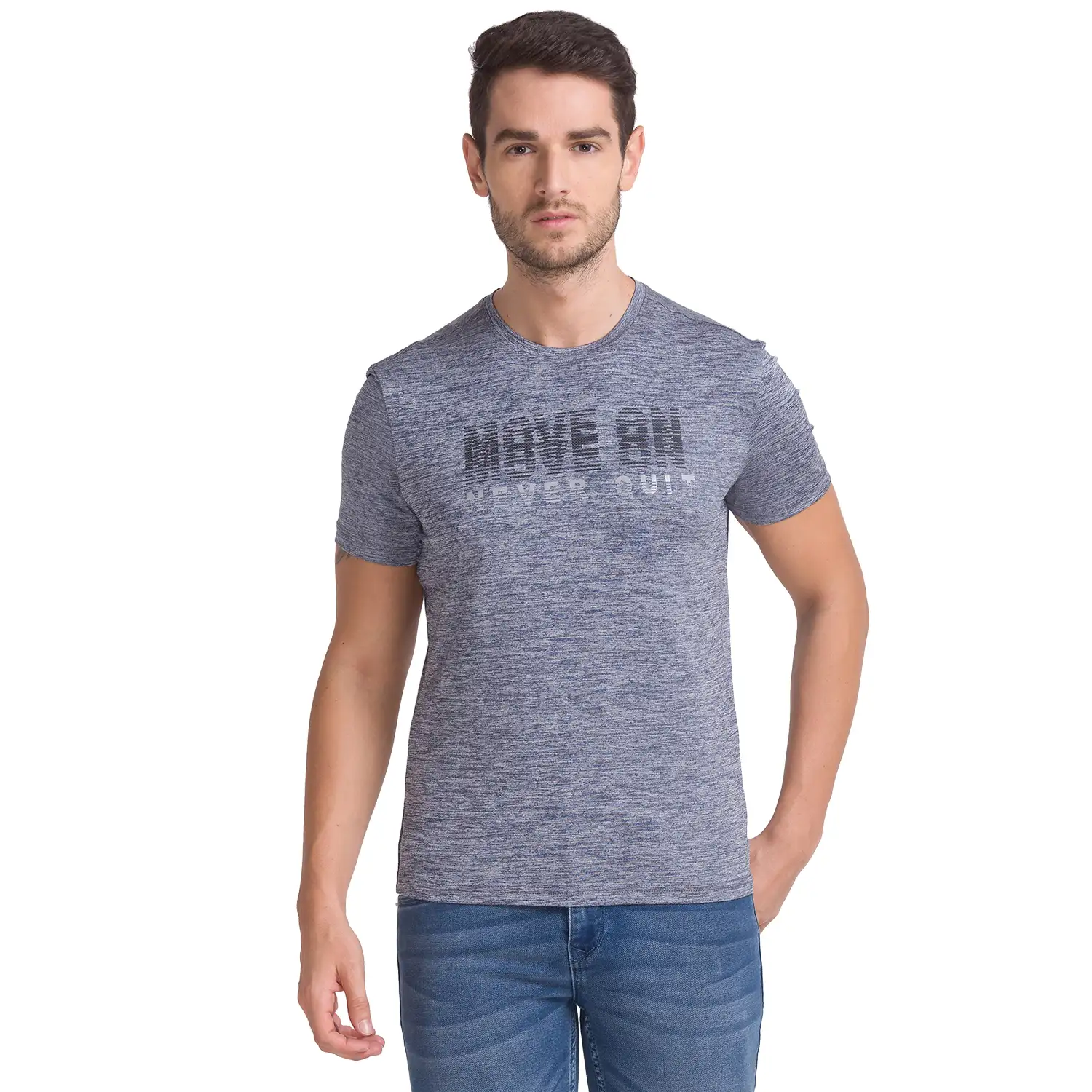 Men Grey Regular Fit Print Polyester Blend Round Collar T-Shirt