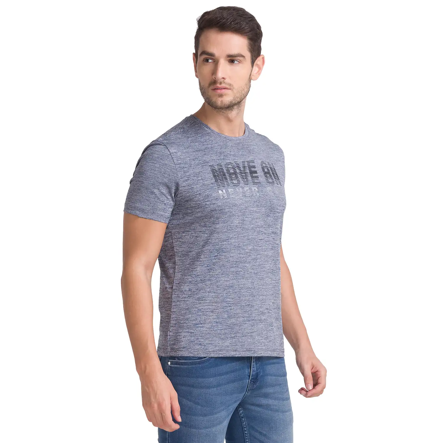 Men Grey Regular Fit Print Polyester Blend Round Collar T-Shirt - Image 2