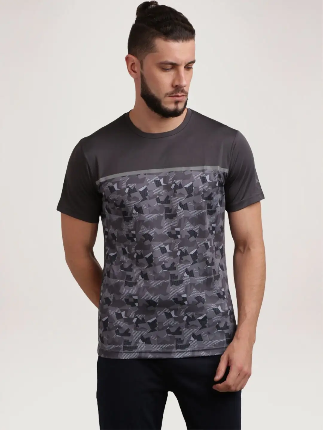 Men Grey Regular Fit Print Polyester T-Shirt