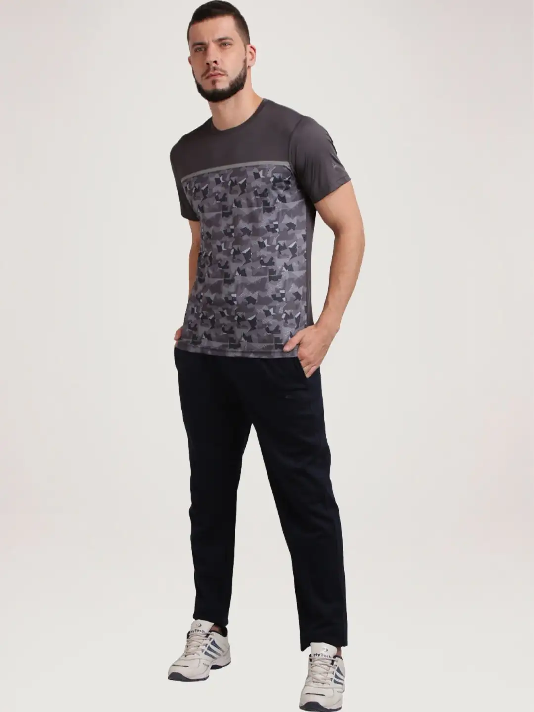 Men Grey Regular Fit Print Polyester T-Shirt - Image 3