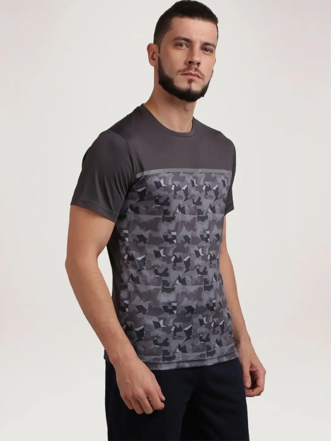 Men Grey Regular Fit Print Polyester T-Shirt - Image 5