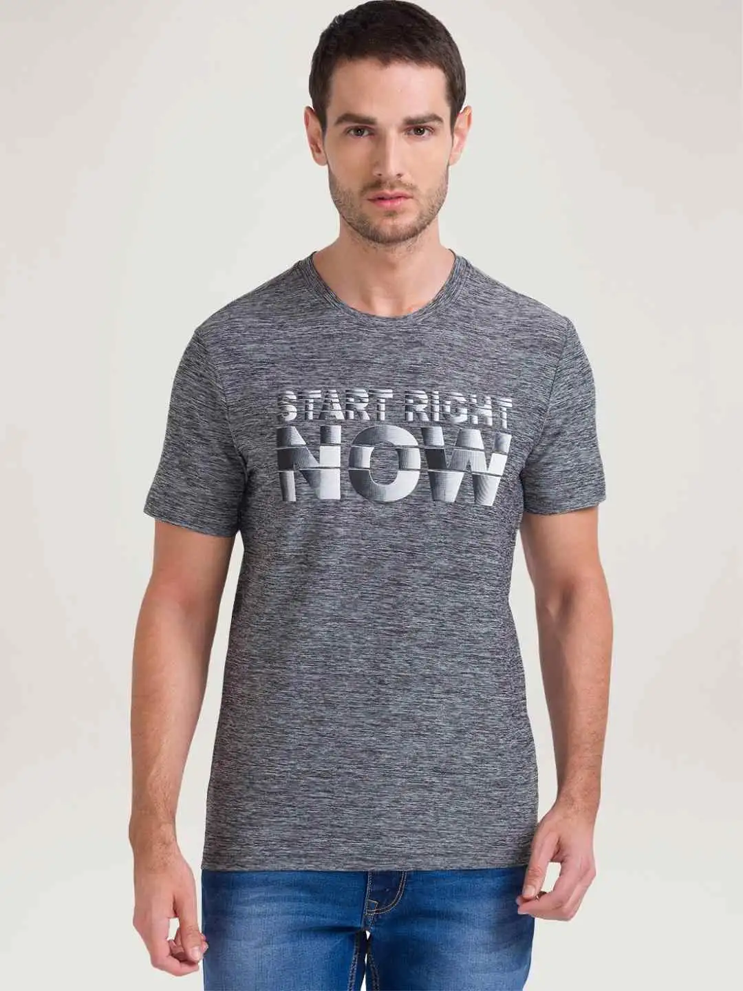 Men Grey Regular Fit Printed Graphic Polyester Blend T-Shirt
