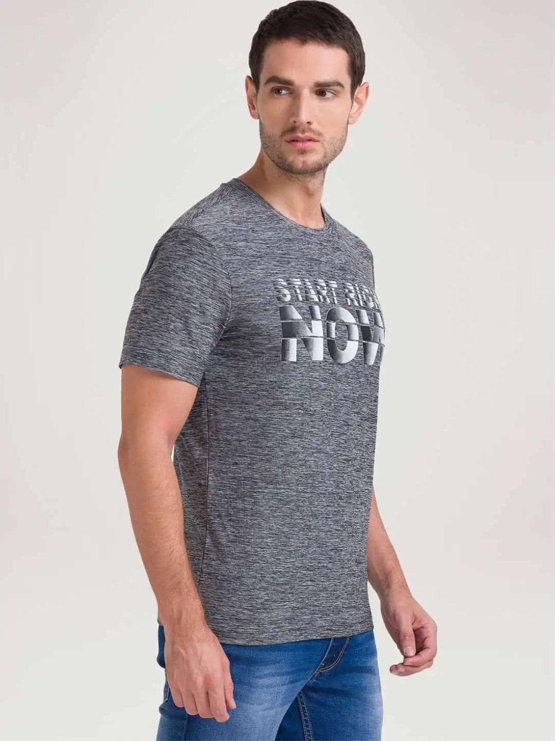 Men Grey Regular Fit Printed Graphic Polyester Blend T-Shirt - Image 5