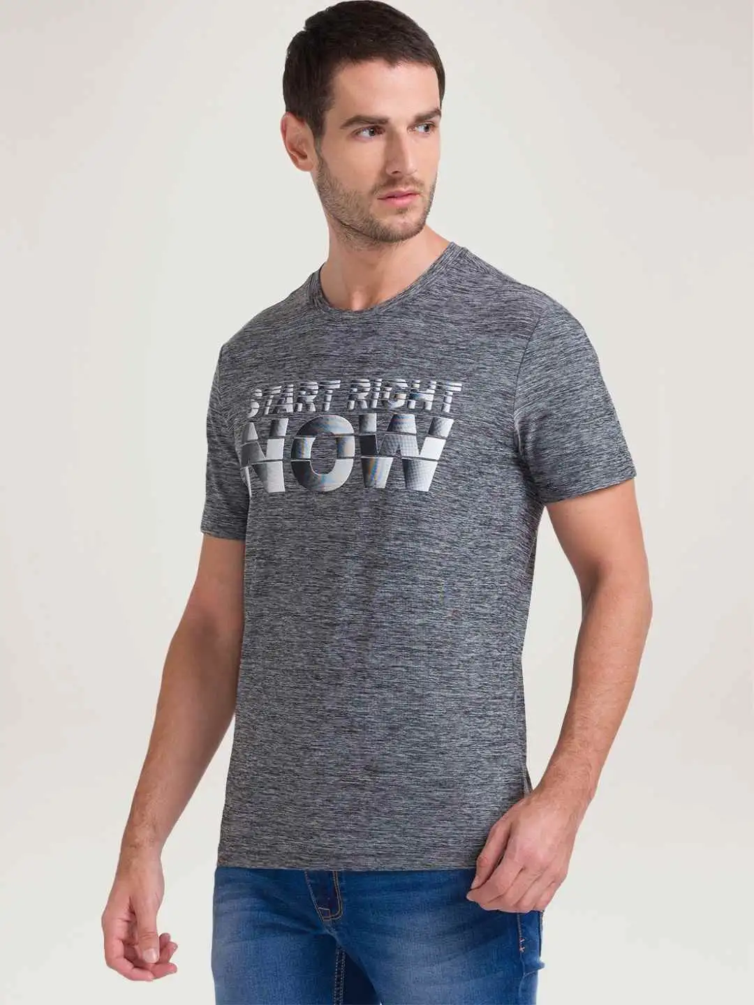 Men Grey Regular Fit Printed Graphic Polyester Blend T-Shirt - Image 6