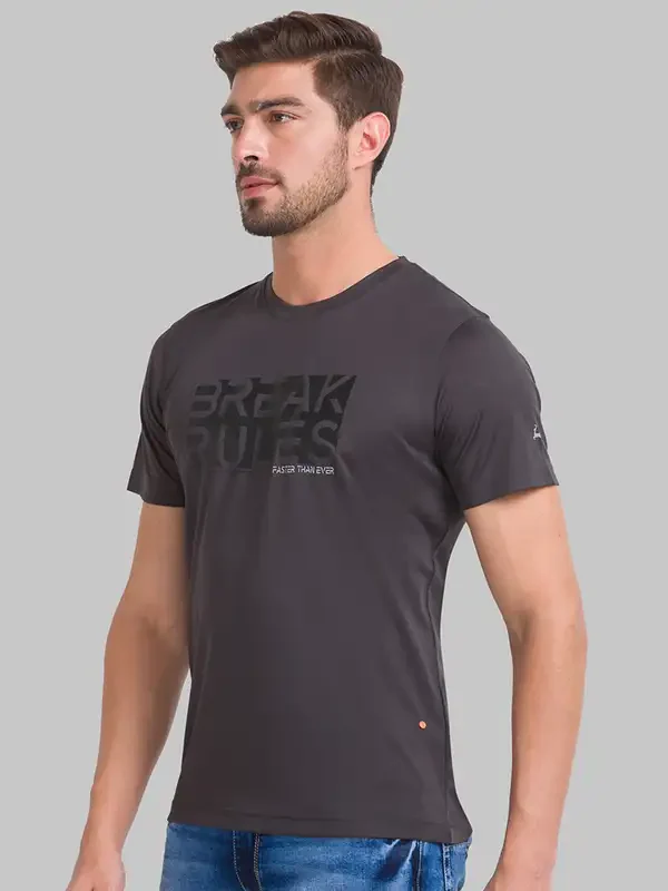 Men Grey Regular Fit Printed Graphic Polyester Round Collar T-Shirt - Image 3